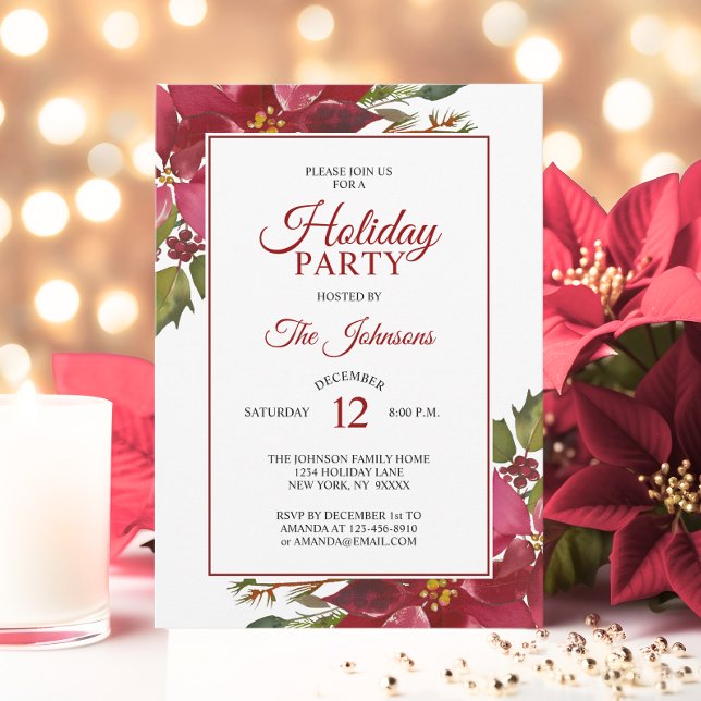 Invitación Fiesta de Navidades navideños de color rojo Poinse (Watercolor Red Poinsettia Holiday Christmas Party Invitation)