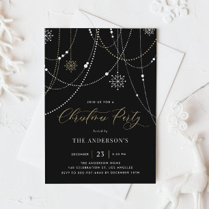 Invitación Fiesta de Navidades negros con luz de cadena blanc