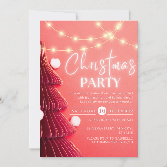 Invitación Fiesta de Navidades Neon Pink, árbol de Navidad mo (Anverso)