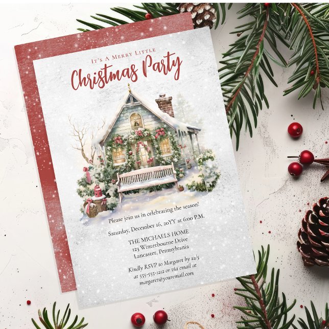 Invitación Fiesta de Navidades nostálgicos de vacaciones en c ("It's A Merry Little Christmas Party" Vintage Snowy Holiday Cottage With Bows | Greenery Invitation)