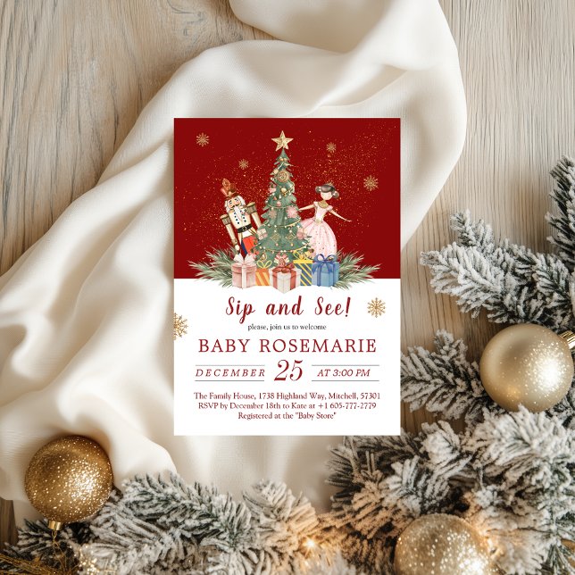 Invitación Fiesta de Navidades Nutcracker Baby Shower Sip y S (Nutcracker Christmas Party Baby Shower Sip and See Invitation)