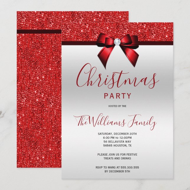 Invitación Fiesta de Navidades Posh Red Jewel Bow (Anverso / Reverso)