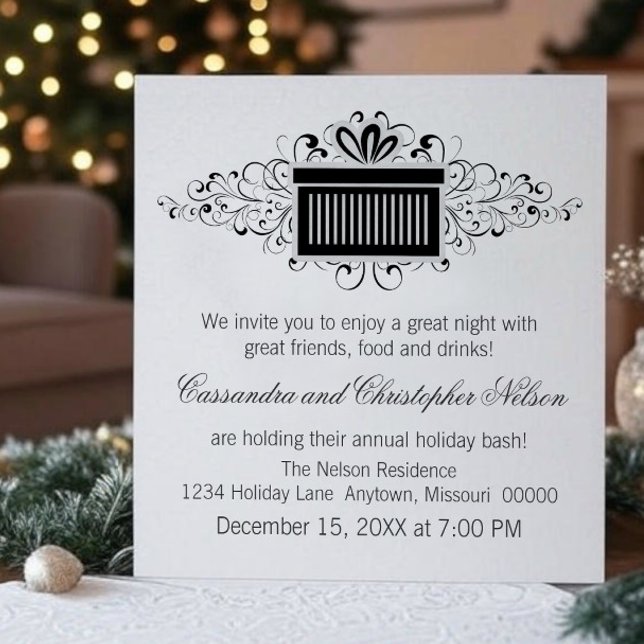 Invitación Fiesta de Navidades presentes de Swirls de vacacio (Black Holiday Swirls Present Christmas Party Invitation)