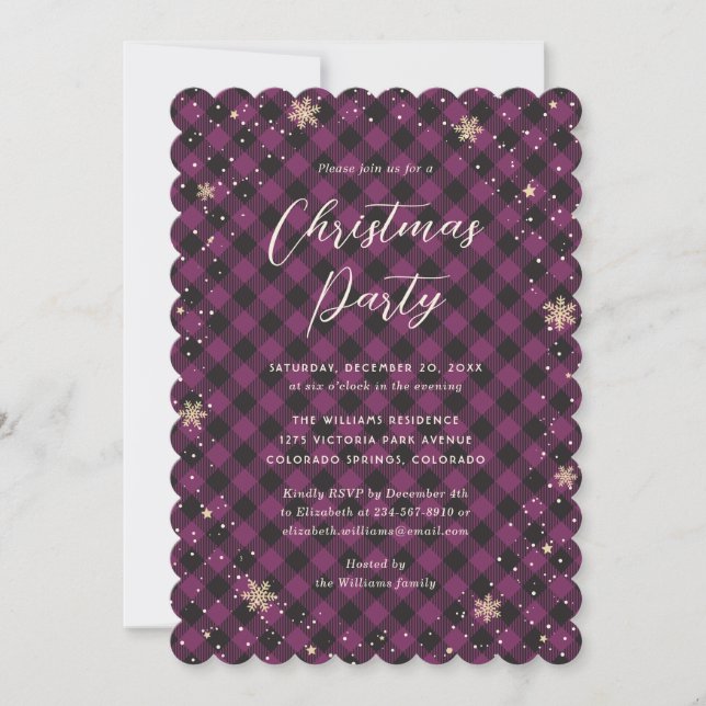 Invitación Fiesta de Navidades Purple Buffalo Plaid (Anverso)