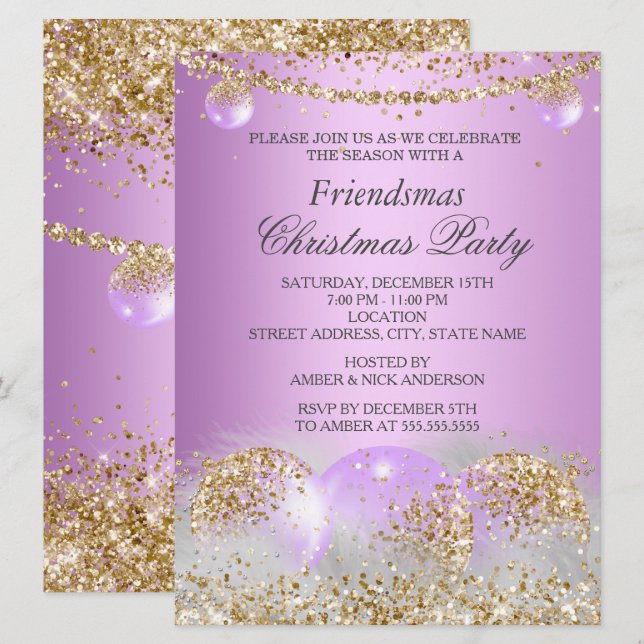 Invitación Fiesta de Navidades Purple Gold Bauble Friendsmas (Anverso / Reverso)