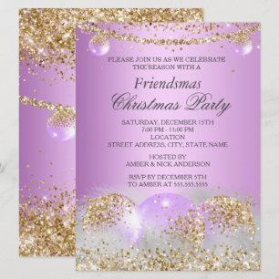Invitación Fiesta de Navidades Purple Gold Bauble Friendsmas