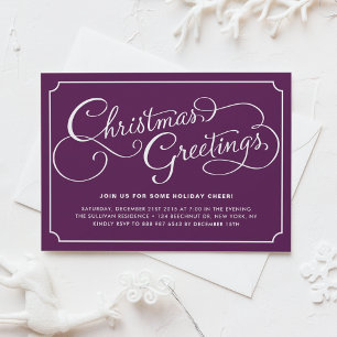Invitación Fiesta de Navidades púrpura con guión de caligrafí