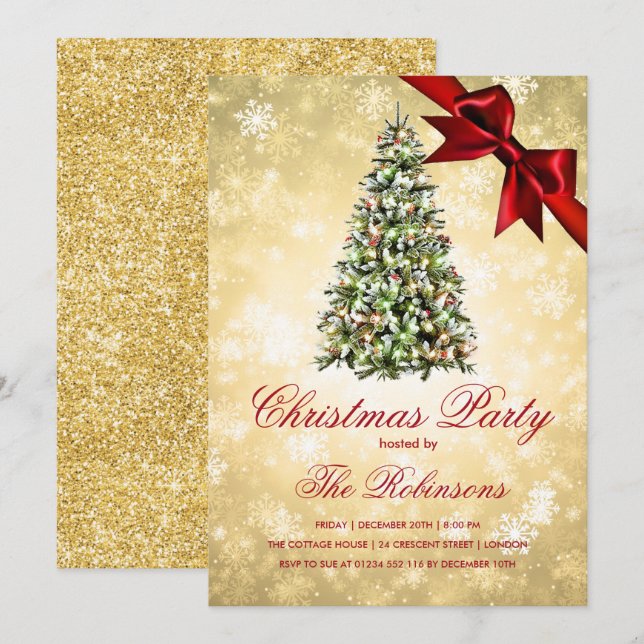 Invitación Fiesta de navidades | Purpurina de cinta de árbol  (Anverso / Reverso)