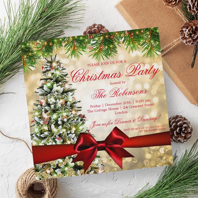 Invitación Fiesta de navidades | Purpurina de cinta de árbol  (Christmas Party | Xmas Tree Ribbon Glitter Gold Invitation)