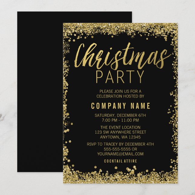 Invitación Fiesta de Navidades Purpurinas de oro (Anverso / Reverso)