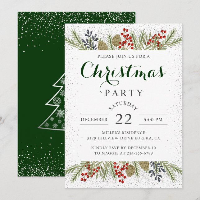 Invitación Fiesta de Navidades Purpurinas Holly Berries Silve (Anverso / Reverso)