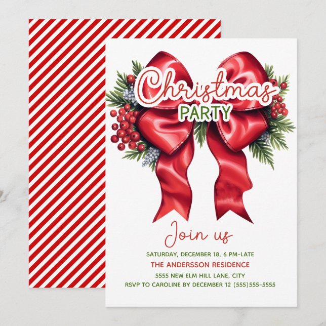 Invitación Fiesta de Navidades Red Bow Holly Berries (Anverso / Reverso)