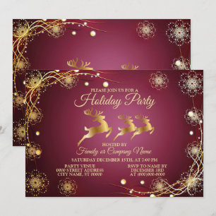 Invitación Fiesta de navidades Renos dorados Rosa Rojo Elegan