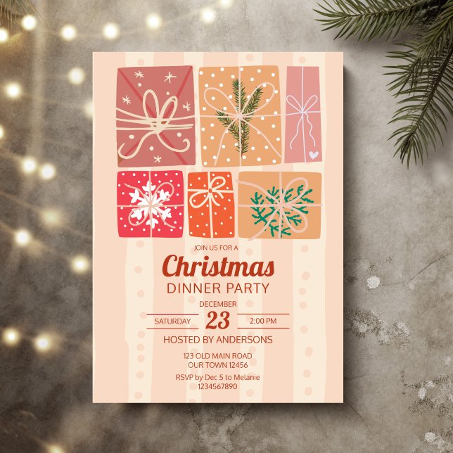 Invitación Fiesta de Navidades retro de nostalgia (Nostalgia retro Christmas party Invitation cards template gift boxes collage pastel cards)
