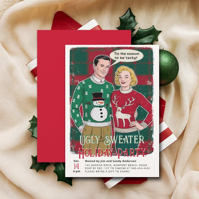 Invitación Fiesta de Navidades retro graciosos de Sweater Vin (vintage christmas party nvitation retro funny ugly sweater ad brunch couple family office)