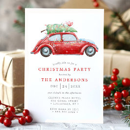 Invitación Fiesta de Navidades Retro Red Car Vintage Watercol