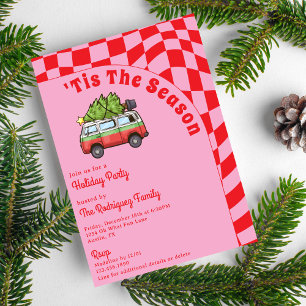 Invitación Fiesta de Navidades Retro Van Red Pink Checkerboar