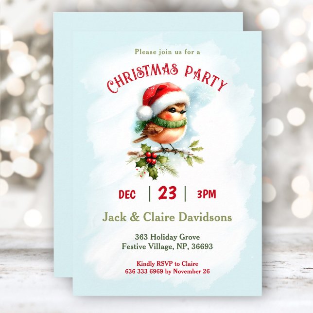 Invitación Fiesta de Navidades Robin Bird Santa Hat (Cute Winter Robin Bird Santa Hat Christmas Party Invitation)