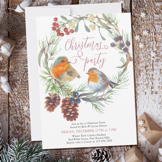 Invitación Fiesta de Navidades Robin Mistletoe y Pine Wreath (Subido por el creador)
