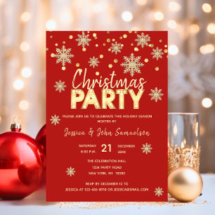 Invitación Fiesta de NAVIDADES rojos de oro de los copos de n
