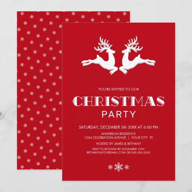 Invitación Fiesta de Navidades rojos de renos blancos (Anverso / Reverso)