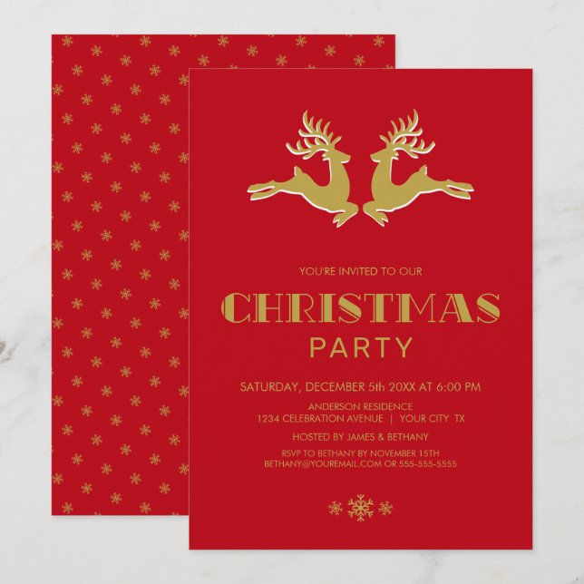 Invitación Fiesta de Navidades rojos de renos dorados (Anverso / Reverso)