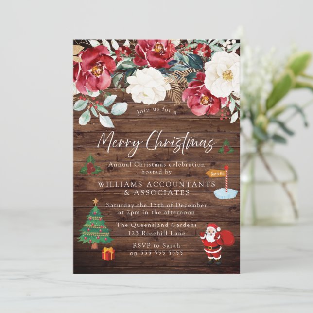 Invitación Fiesta de Navidades rojos de Rustic Wood Santa Tre (Anverso de pie)