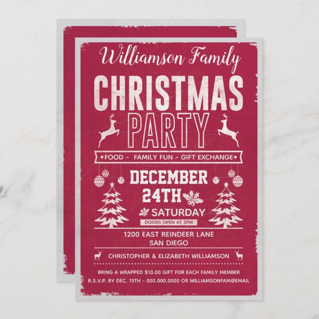 Invitación Fiesta de Navidades Rojos Retro Modernos (Anverso / Reverso)