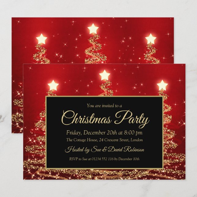 Invitación Fiesta de Navidades rojos y de oro (Anverso / Reverso)