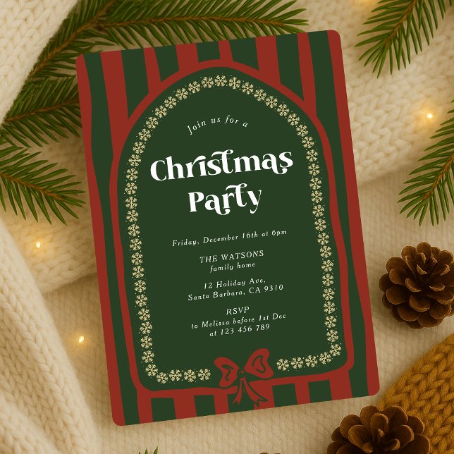 Invitación Fiesta de Navidades rojos y verdes con la mano ven (Vintage Christmas Invitations for your party, featuring retro fonts and red & green stripe pattern)