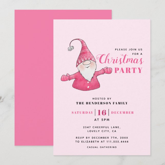 Invitación Fiesta de Navidades rosados de Gnome (Anverso / Reverso)