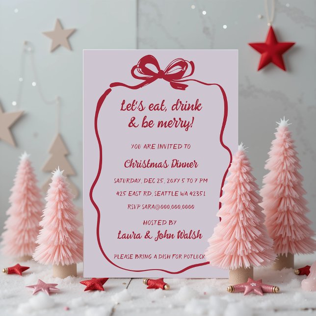 Invitación Fiesta de Navidades rosados de vaca roja dibujados (Doodle Hand drawn Pink Red Bow Christmas Party Invitation)