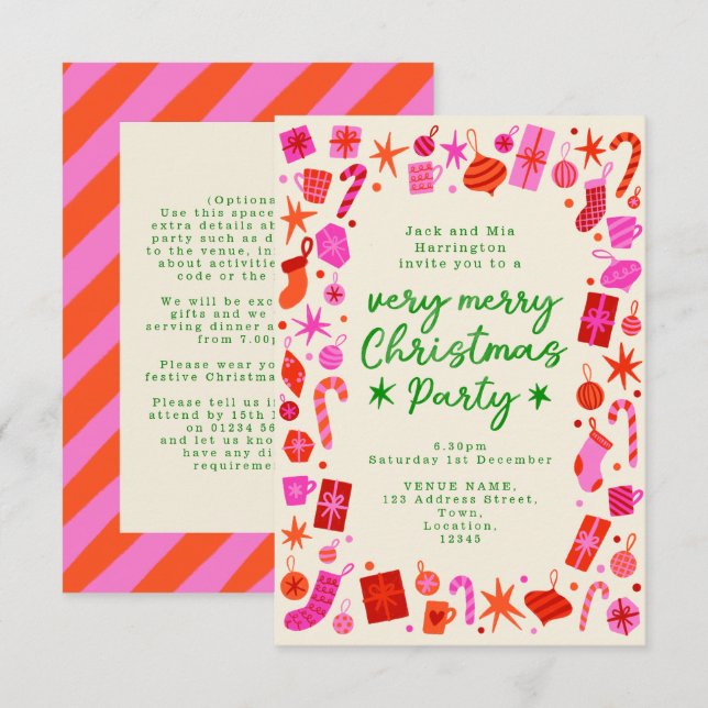 Invitación Fiesta de Navidades rosados y rojos de festivales  (Anverso / Reverso)
