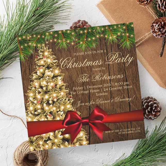 Invitación Fiesta de Navidades rusos | Árbol de navidad y cin (Rustic Christmas Party | Xmas Tree & Red Ribbon Invitation)