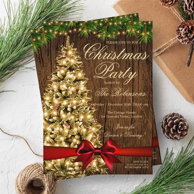 Invitación Fiesta de Navidades rusos | Luces de árbol de navi (Rustic Christmas Party | Xmas Tree Lights & Ribbon Invitation)