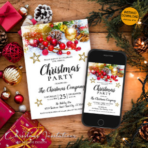 Invitación Fiesta de Navidades Rustic Gold Baubles Holly Berr
