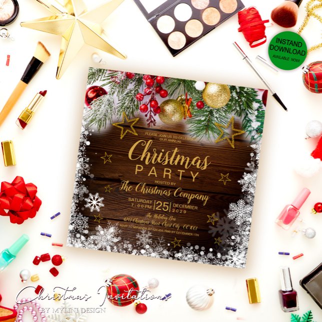 Invitación Fiesta de Navidades Rustic Gold Baubles Holly Berr (Subido por el creador)
