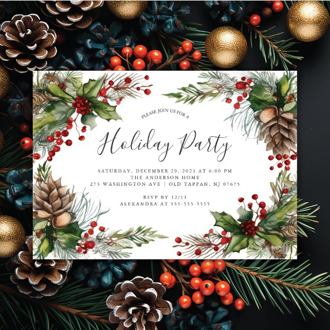 Invitación Fiesta de Navidades Rustic Pinecones Holly Berry (Subido por el creador)