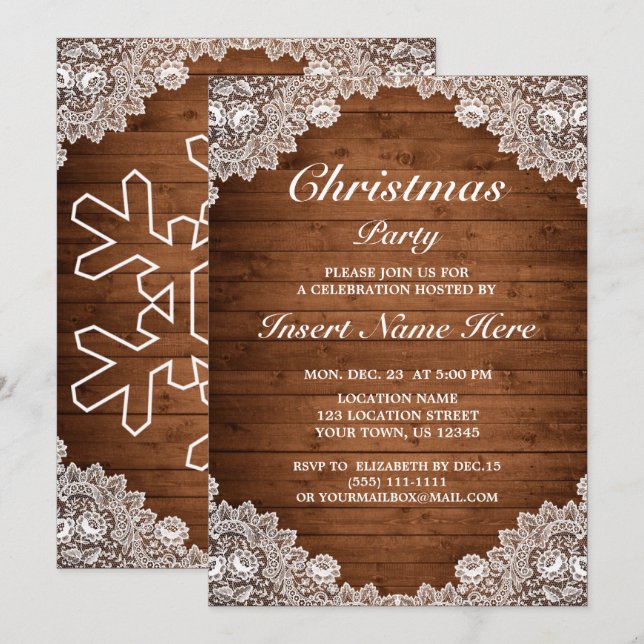 Invitación Fiesta de Navidades Rustic Wood & White Lace (Anverso / Reverso)