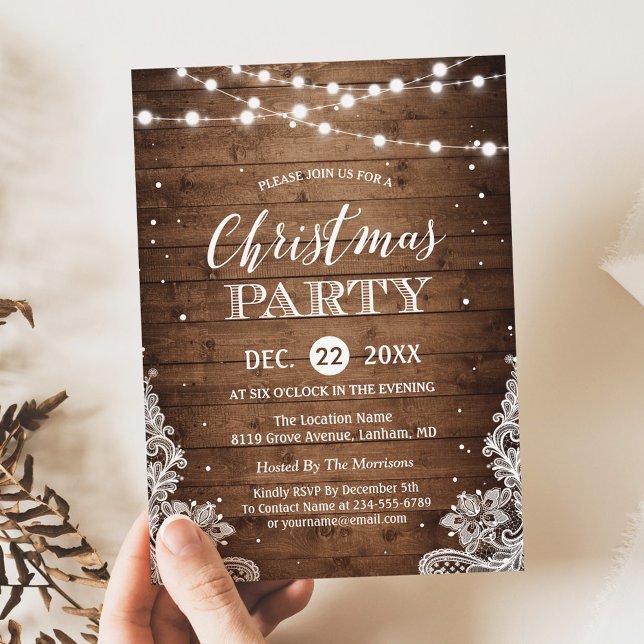Invitación Fiesta de navidades | Rústico Twinkle Luces Lace (Subido por el creador)