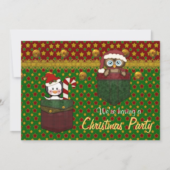 Invitación Fiesta de Navidades Rústicos de Pingüino y Lechuza (Anverso)