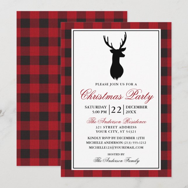 Invitación Fiesta de Navidades Rústicos de Red Plaid (Anverso / Reverso)