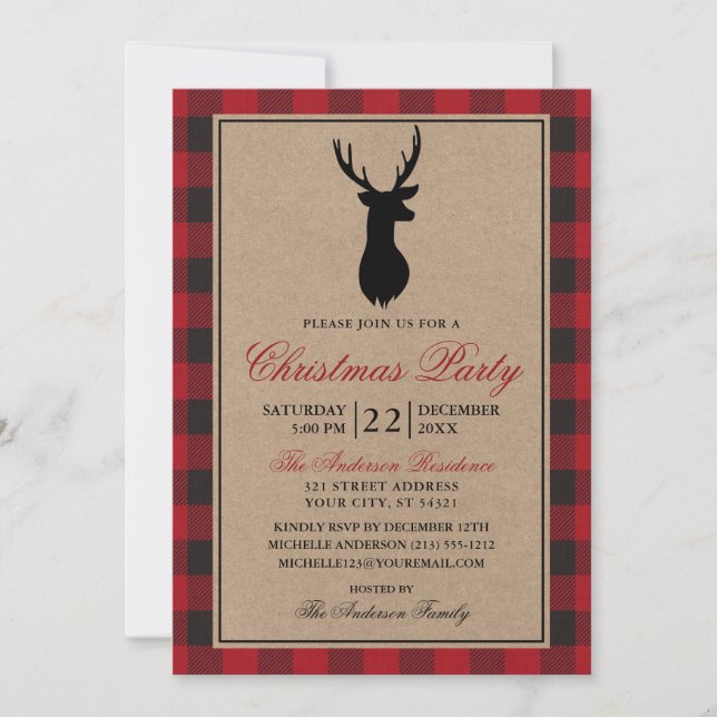 Invitación Fiesta de Navidades Rústicos de Red Plaid Kraft (Anverso)