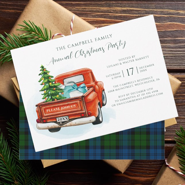 Invitación Fiesta de Navidades Rústicos Tartan (Plaid Christmas Invitation with Red Truck)