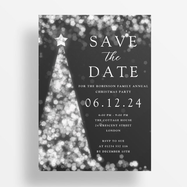 Invitación Fiesta de navidades Salven el Glam del Árbol de Pl (Christmas Party Save The Date Silver Tree Glam Invitation)