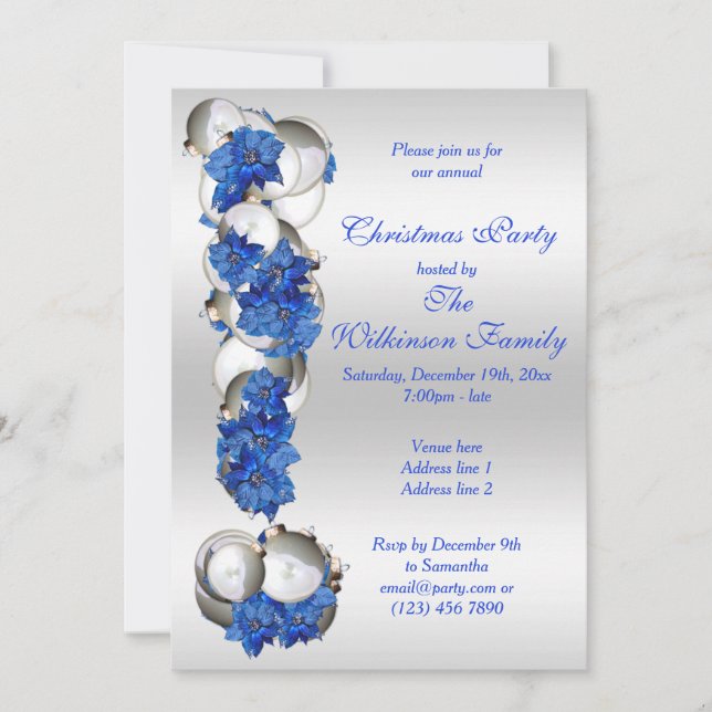Invitación Fiesta de Navidades Silver Baubles & Blue Poinsett (Anverso)