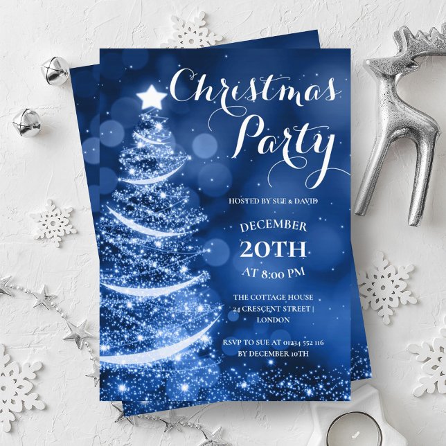 Invitación Fiesta de Navidades Silver y Blue (Silver & Blue Christmas Party Sparkle Invitation)