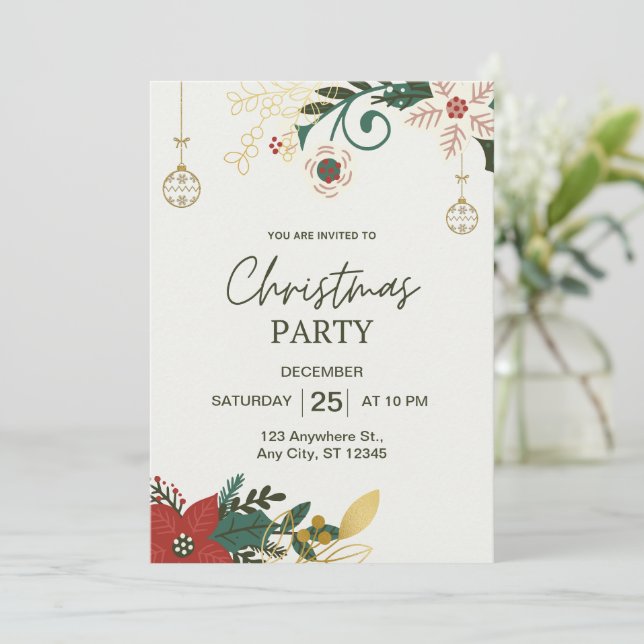 Invitación Fiesta de Navidades simples verdes (Anverso de pie)