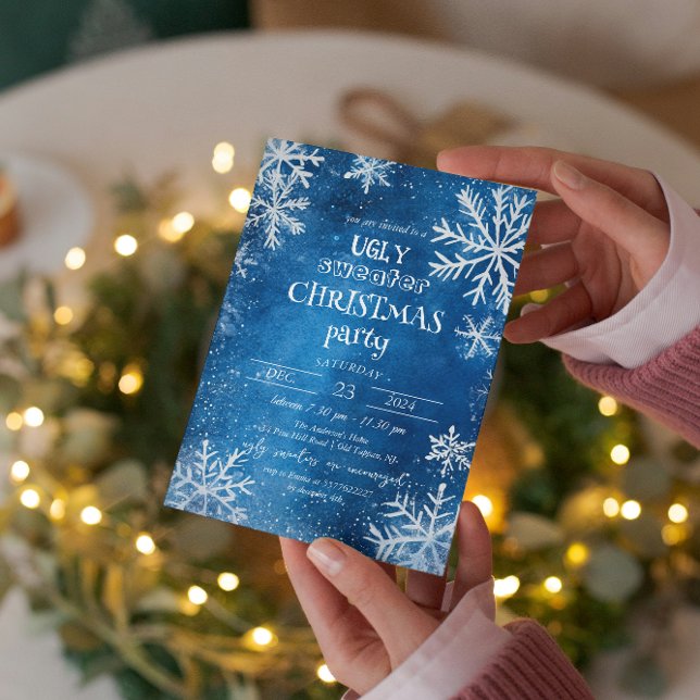 Invitación Fiesta de Navidades suéteres feos con copos de nie (Subido por el creador)