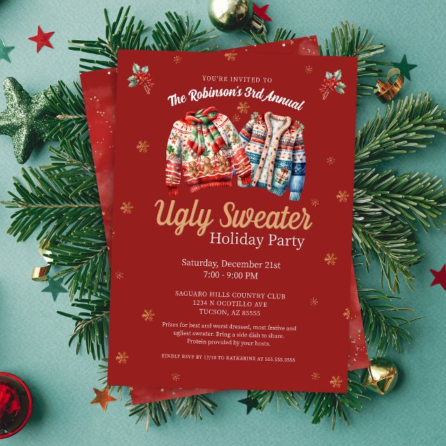 Invitación Fiesta de Navidades suéteres rojos y modernos (red ugly sweater christmas party invitation)
